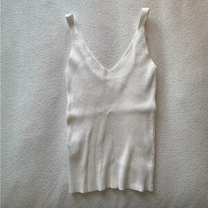 Mango White Ribbed V-Neck Tank